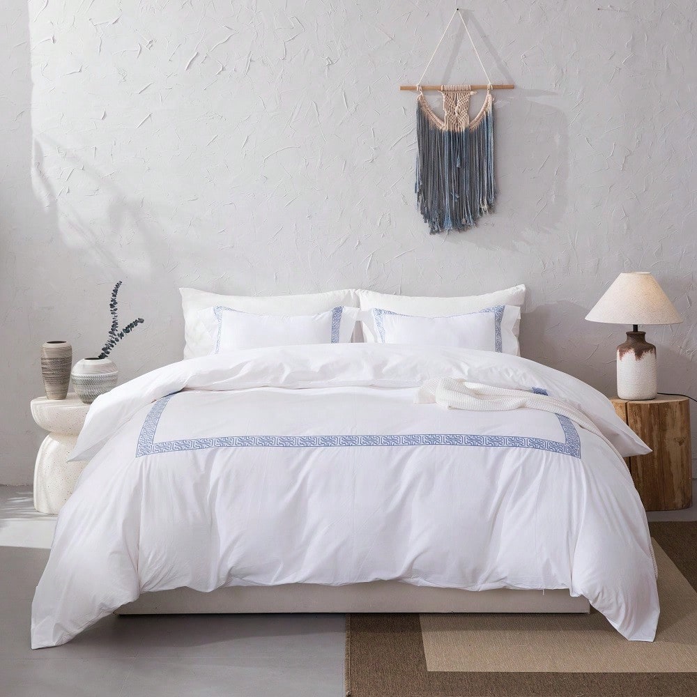 Hotel Collection 200 Thread Count Cotton Duvet Cover Set With Geo Embroidery All Around, Hidden Zipper Closure, Hidden Corner Ties