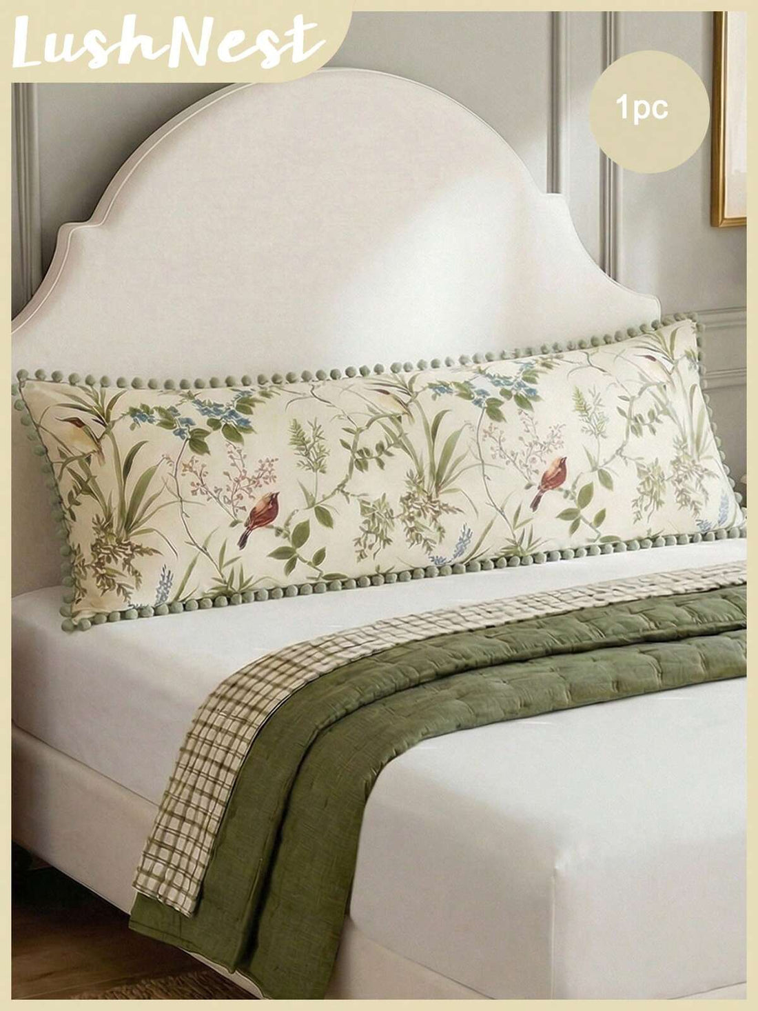 1pc Floral Bird Branch Leaf Green Pom Pom Decor Long Pillowcase - Soft Material Lightweight Breathable, Polyester Fabric, Green Pillowcase Suitable For Bedroom Sofa - Decorative Lumbar Cushion, Home Decor, Gift For Her, Suitable For All Year Round
