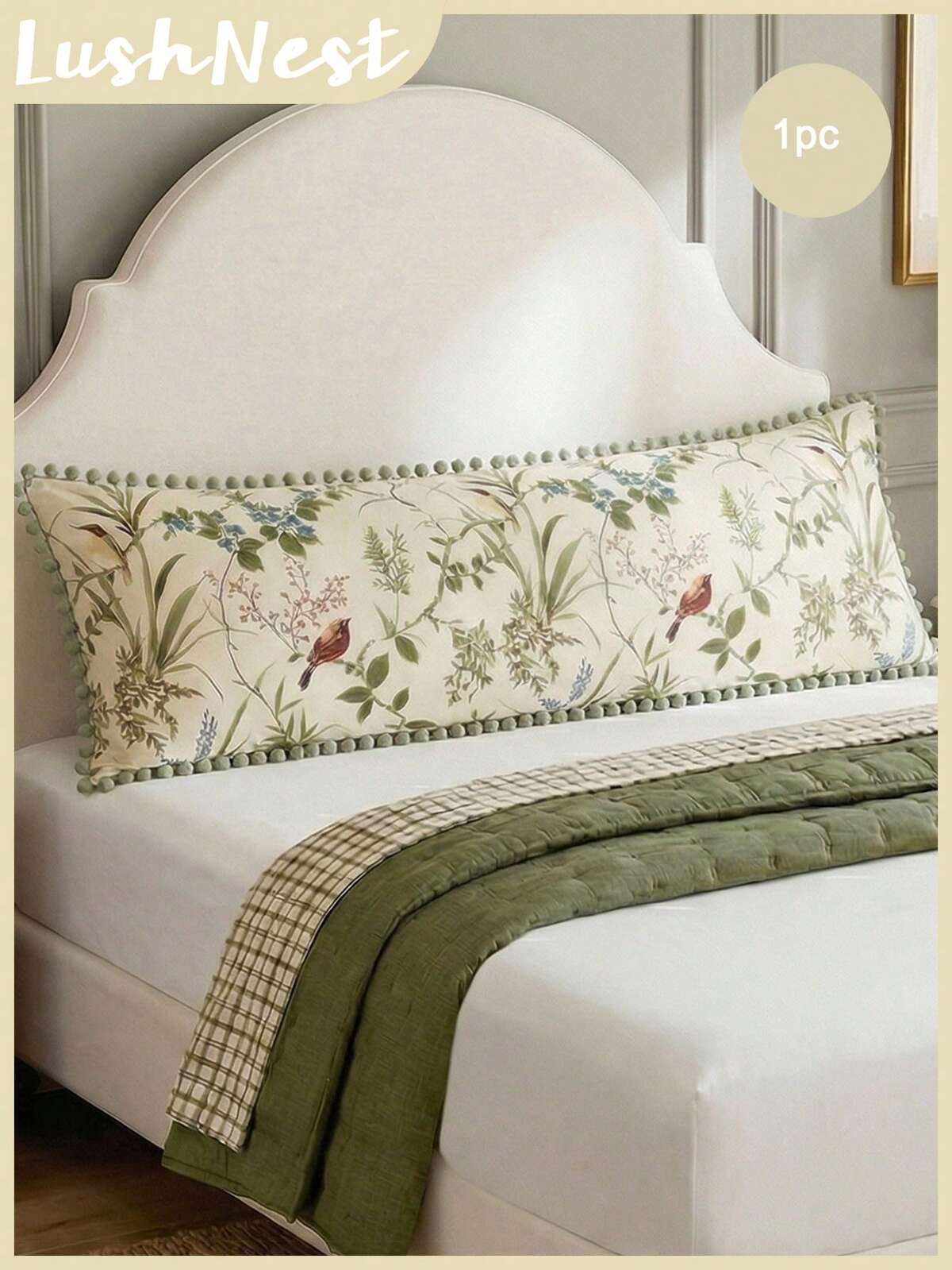 1pc Floral Bird Branch Leaf Green Pom Pom Decor Long Pillowcase - Soft Material Lightweight Breathable, Polyester Fabric, Green Pillowcase Suitable For Bedroom Sofa - Decorative Lumbar Cushion, Home Decor, Gift For Her, Suitable For All Year Round