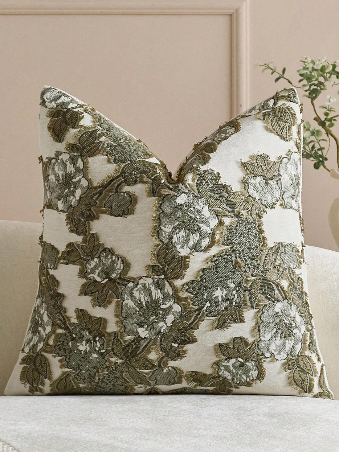 Neutral Floral Jacquard Throw Pillow Cover, Vintage Frayed Edge Farmhouse Cushion Case, Boho Textured Decorative Pillow For Living Room Bedroom Couch Home Decor
